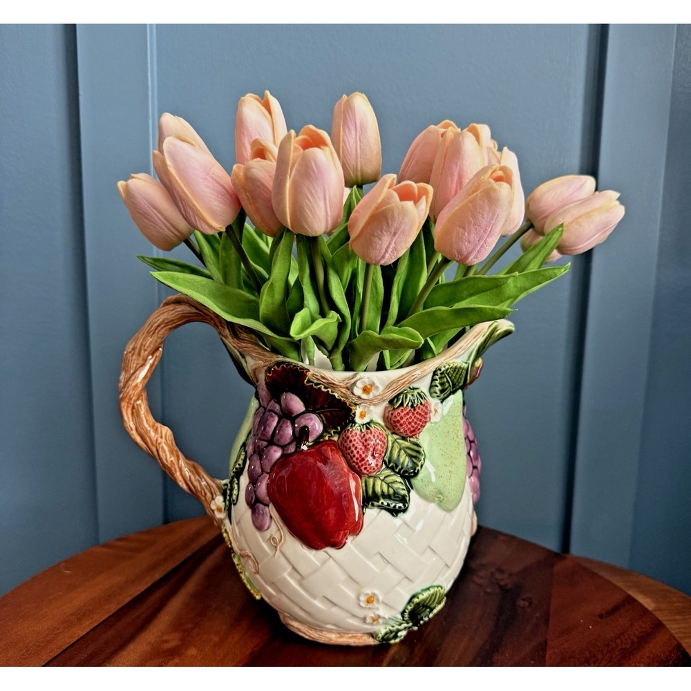 Ceramic Fruit Basket Weave Pitcher Hand Painted 3D Fruit Vine  9" Strawberry